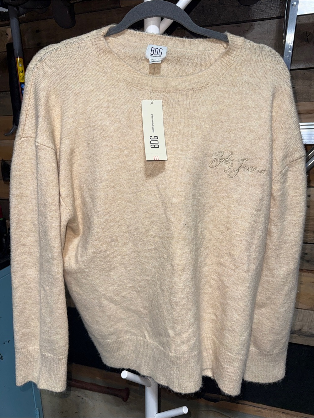 BDG Cream Crewneck Sweater with Subtle Script Logo XS